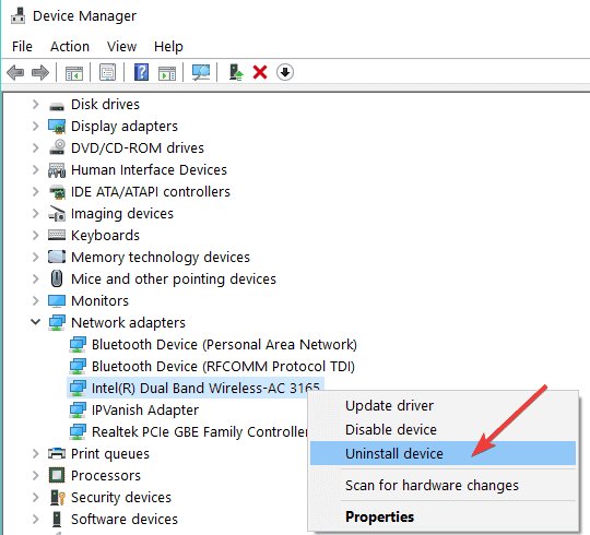 Chọn “Uninstall device” để gỡ cài đặt