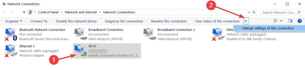 Chọn Properties trong tùy chọn WiFi status/ Change settings of this connection