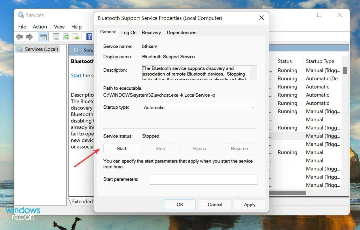 Nhấp vào nút Start trong Service Status