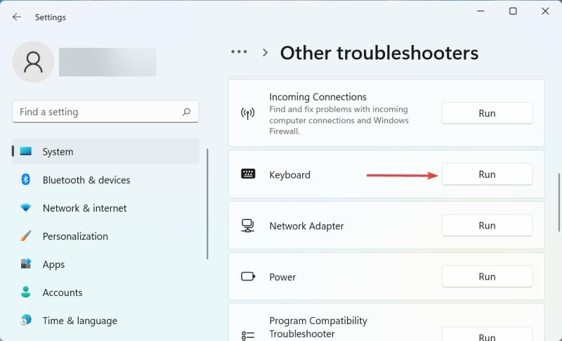Điều hướng đến mục keyboard trong danh mục con của Other troubleshooters