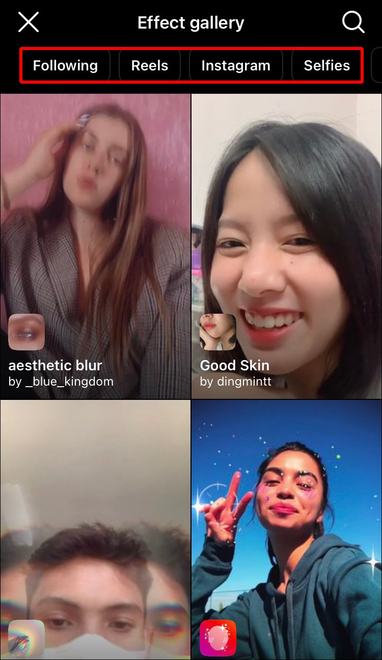 Lướt để tìm kiếm filter trong các danh mục Instagram
