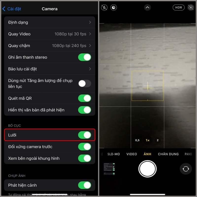 Bật tính năng Lưới > vào ứng dụng Camera xem khung hình đã được chia như minh họa