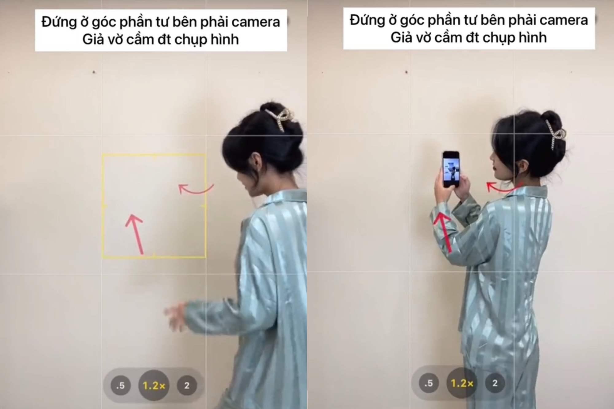 Đứng ở đường kẻ thứ 2 theo như hướng dẫn kết hợp với tay giơ điện thoại