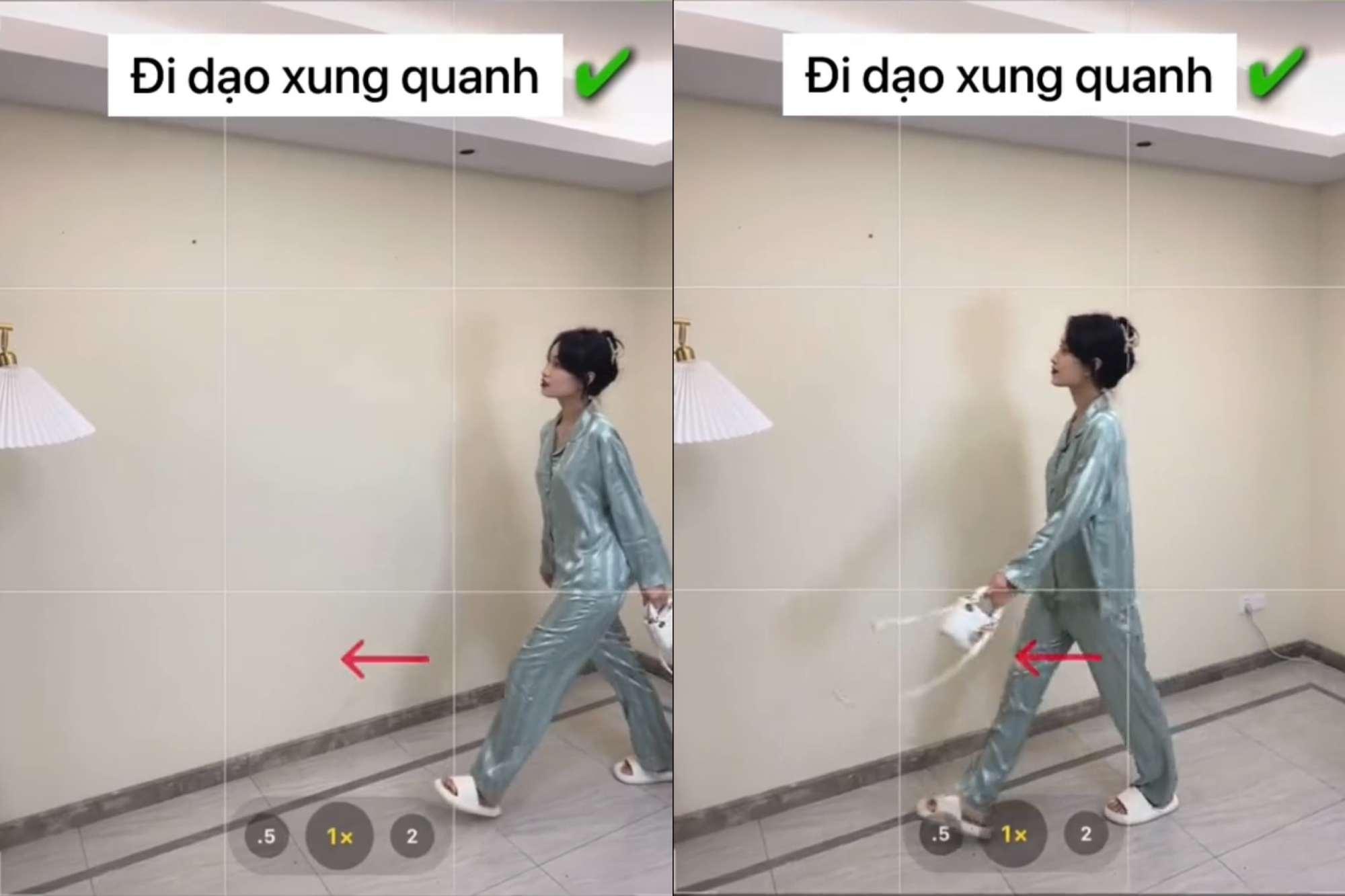 Tay cầm túi, giả vờ đang bước tới và hướng mặt như đang xem tranh (Nguồn: Douyin)