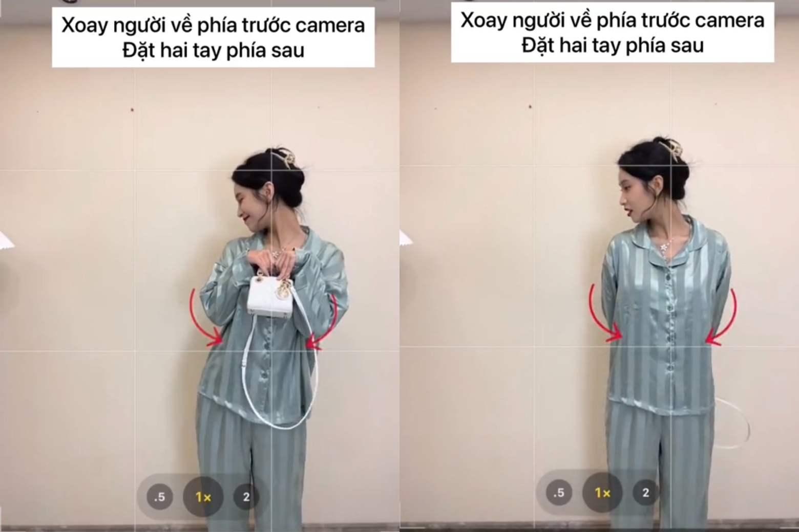 Có 2 kiểu tạo dáng là đưa tay ra trước hoặc khoanh ra sau đều có thể sử dụng (Nguồn: Douyin)