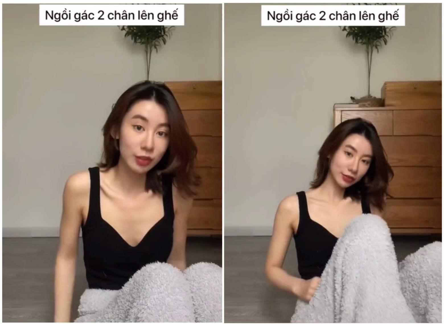 Ngồi gác 2 chân lên ghé, người hơi nghiêng một bên