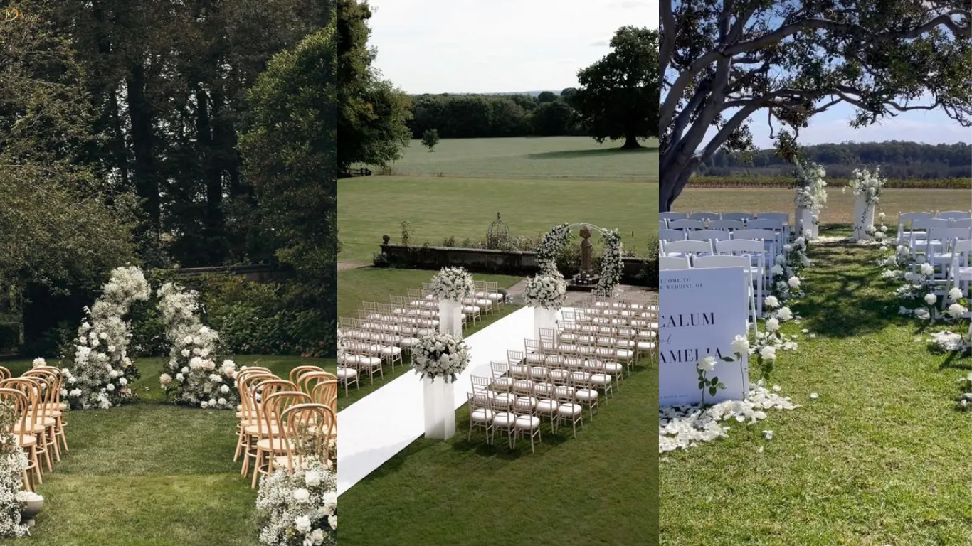 Tiệc cưới ngoài trời lãng mạn tại resort với phông nền thiên nhiên xanh mát - nguồn từ B Art Wedding