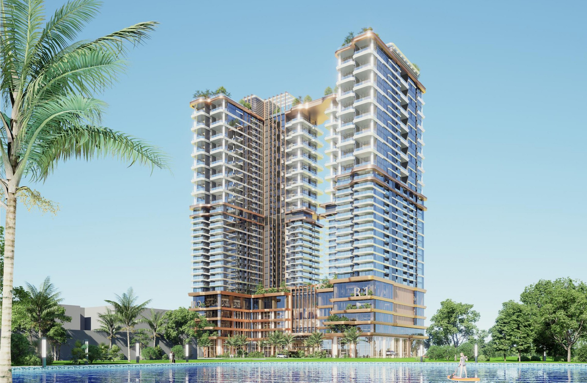 Không gian xanh của Rivea Residences với mật độ 30%, hồ bơi, vườn cộng đồng