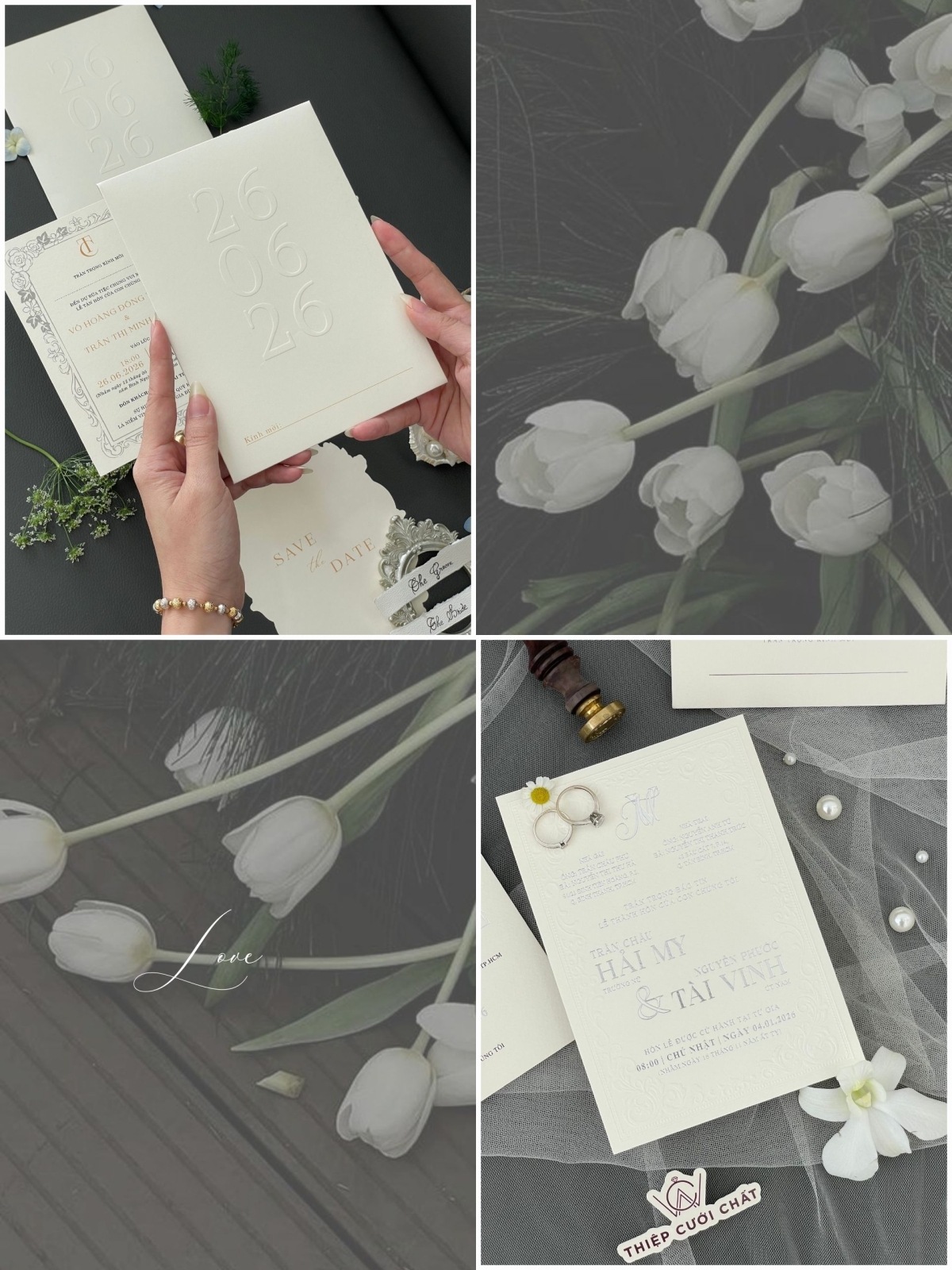 Thiệp cưới phong cách Cloud Dancer với chữ in nhẹ nhàng tinh tế