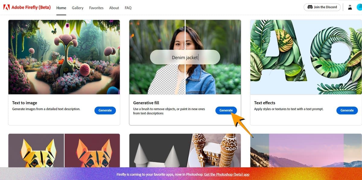 Giao diện Adobe Firefly với tính năng Generative Fill, Generative Expand, Color & Vibrance Layer