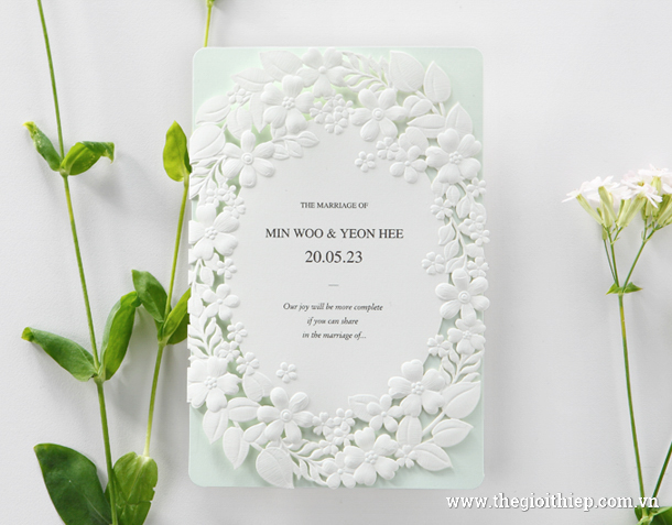 Thiệp cưới cao cấp BH6010 màu xanh mint và trắng phong cách hiện đại