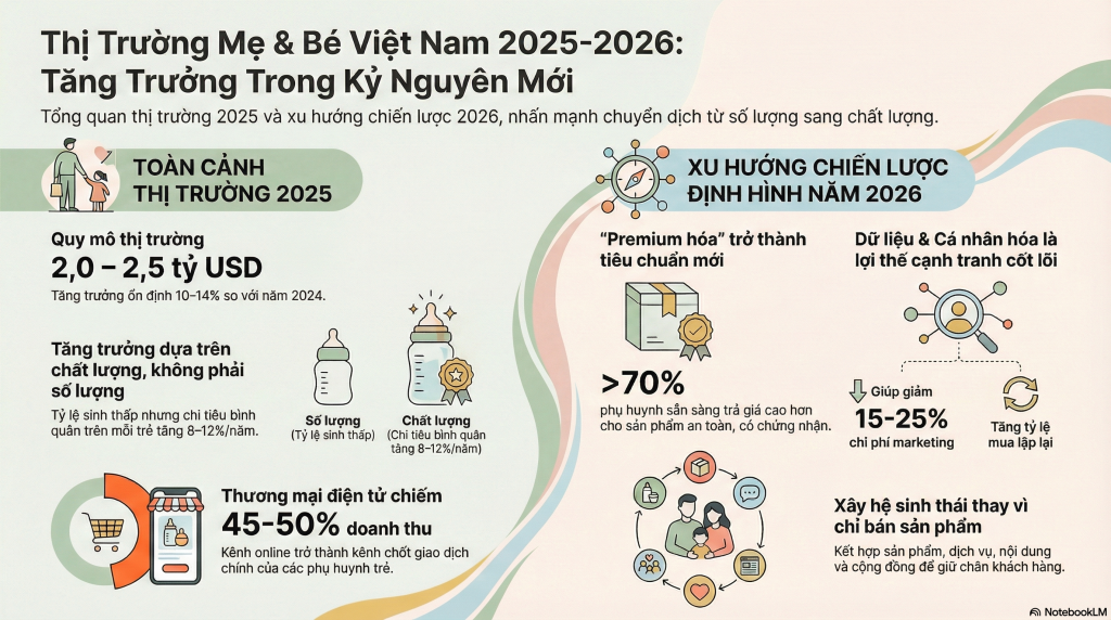 Biểu đồ tăng trưởng thị trường mẹ & bé Việt Nam 2025–2026 dựa trên chất lượng sản phẩm