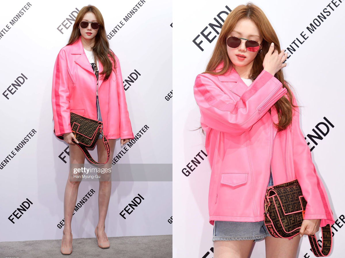 Lee Sung Kyung mặc blazer đen chấm bi nâu cam kết hợp sơ mi be