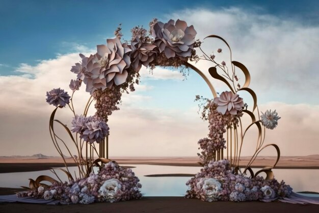 3D floral wedding backdrop with layered flowers in white and blush tones