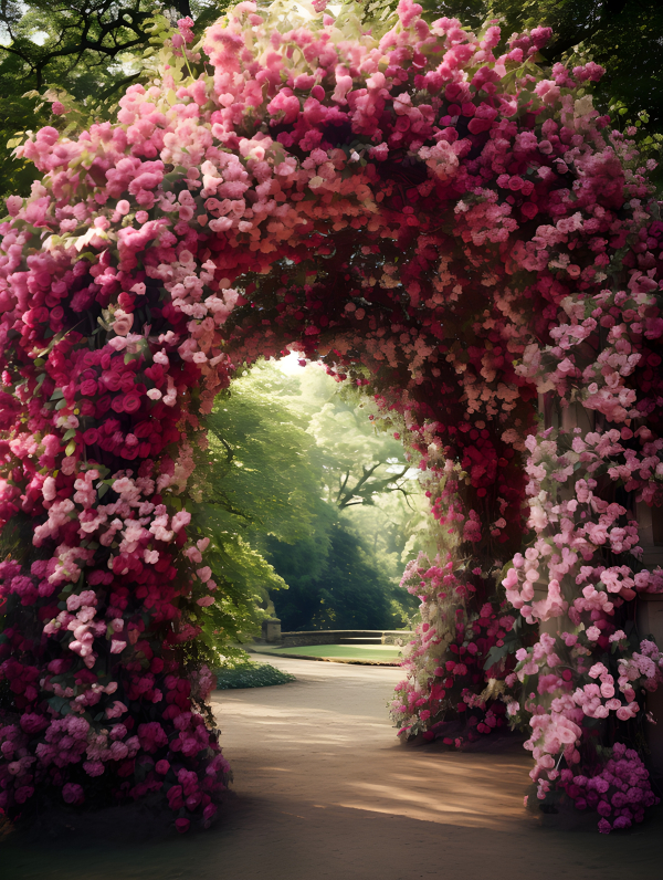 Artistic floral arch with tropical flowers and greenery for modern wedding