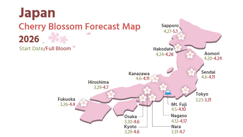 Cherry blossom forecast map Japan Korea 2026 spring season