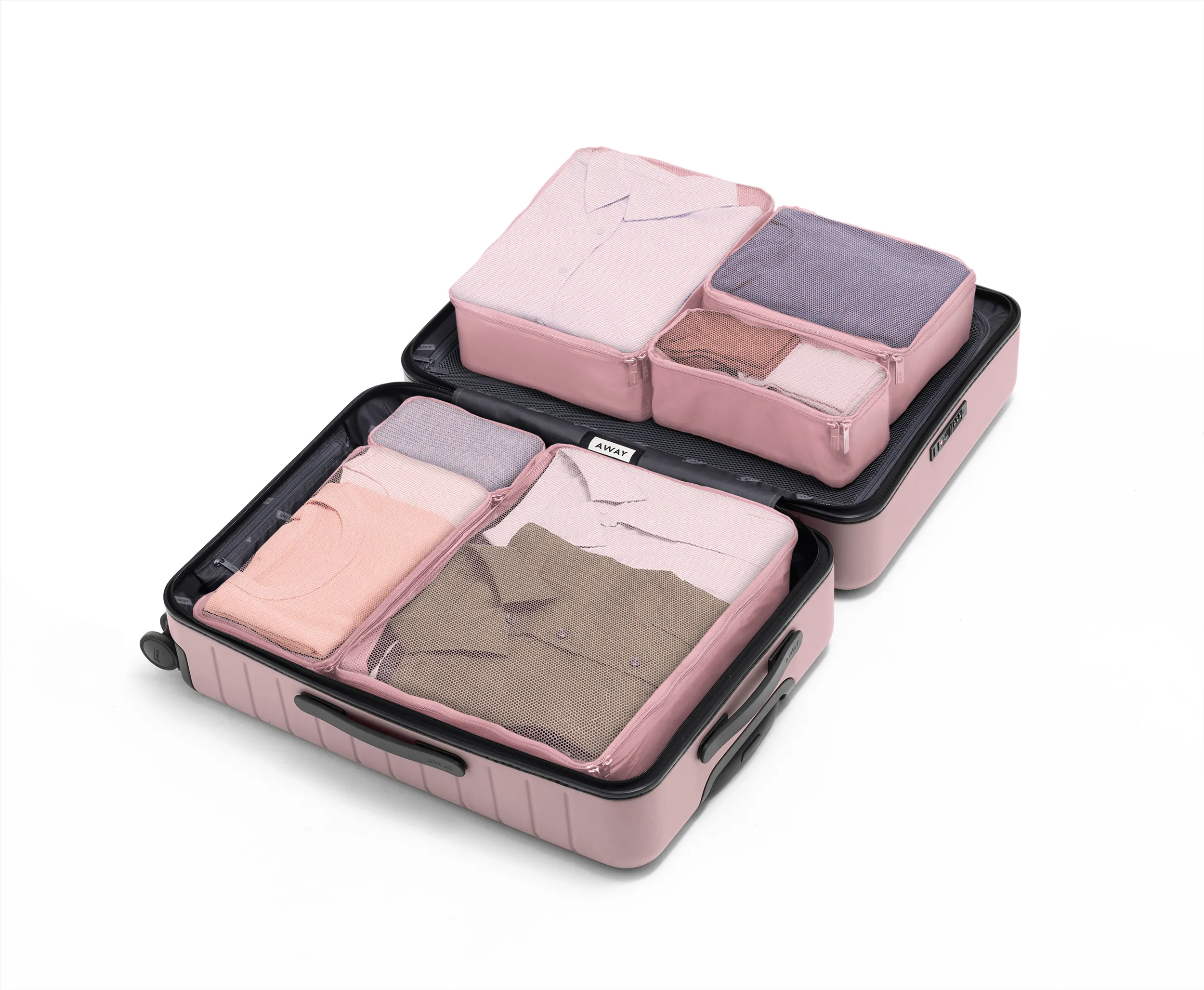 Efficient suitcase packing with rolling method packing cubes and organized compartments