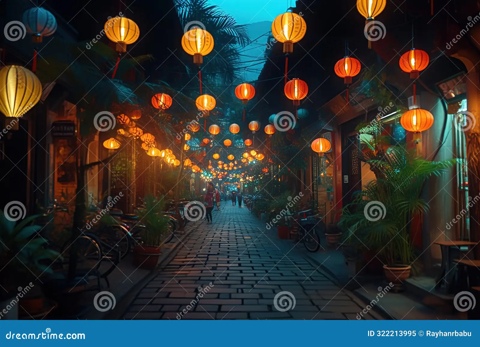 Hoi An Ancient Town lantern-lit streets at night with yellow merchant houses along Thu Bon River