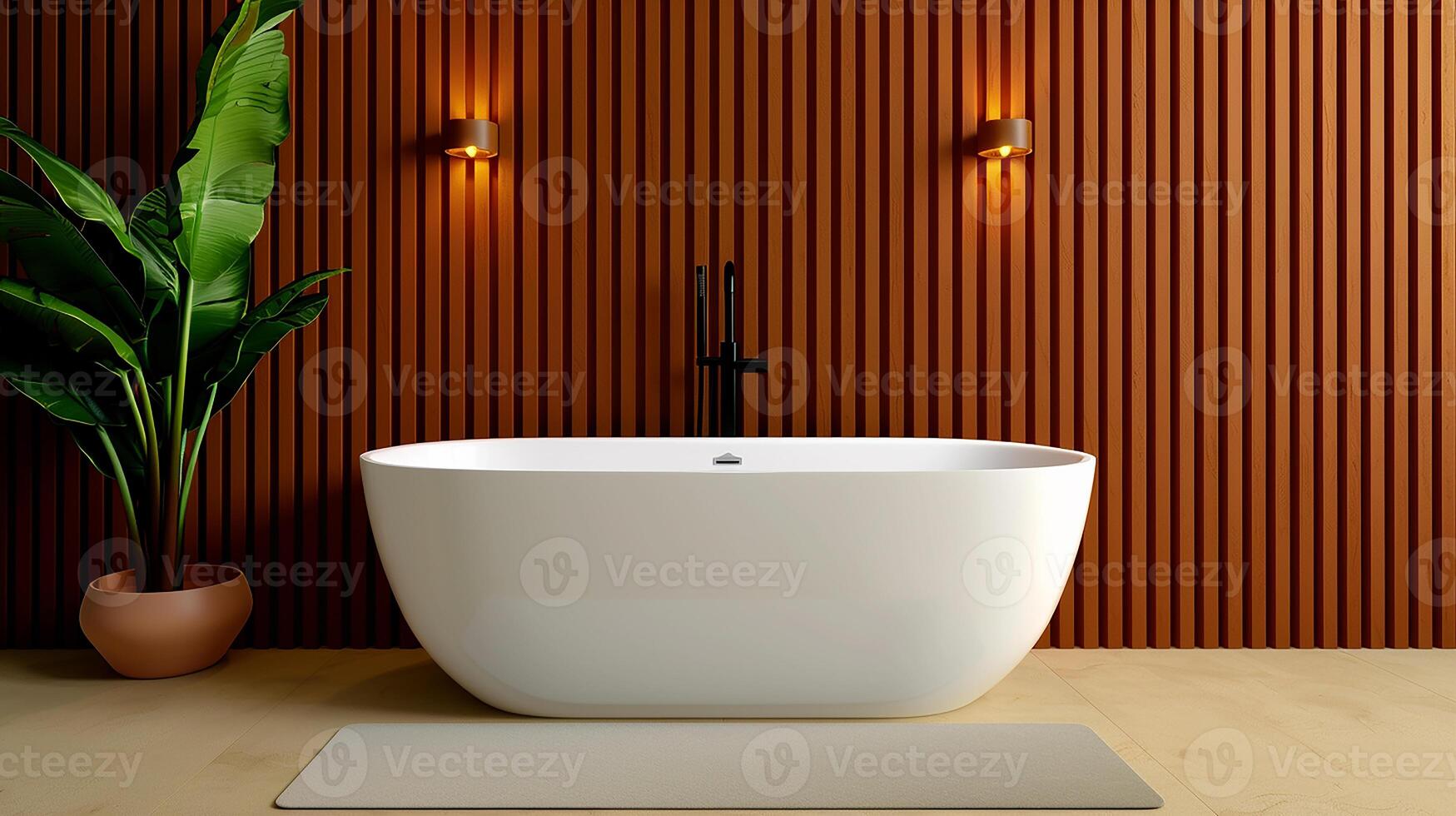 Bathroom with plants greenery and layered ambient lighting