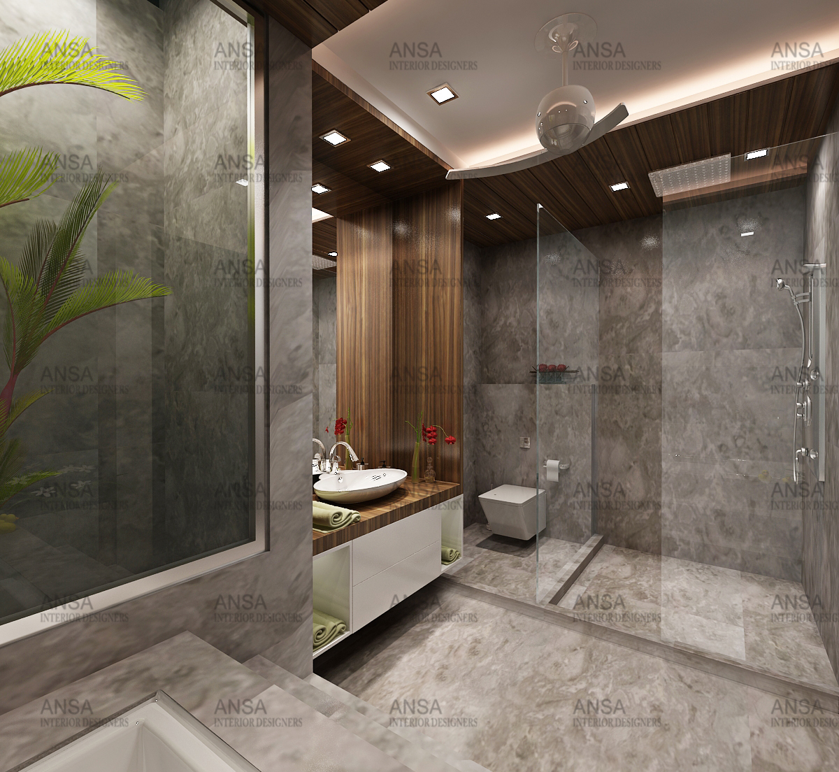 Natural stone and wood bathroom design with warm lighting