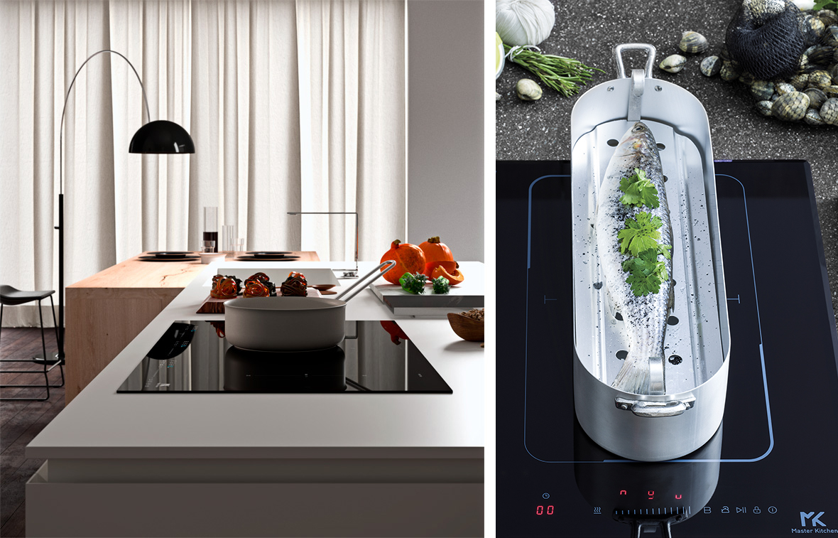 Smart induction cooktop and hydroponic herb wall in modern open kitchen
